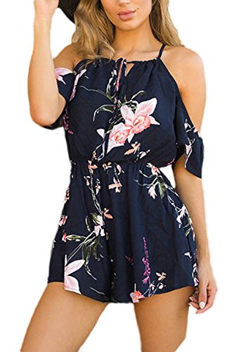 Jumojufol Les Femmes des Combinaisons Pantalon Court Plage L'été Playsuit Floral Barboteuses Feuillet Darkblue XS