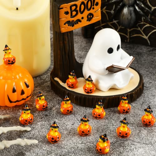 Image of JUNEBRUSHS 50Pcs Mini Resin Ducks Halloween Tiny Pumpkin Ducks Figures