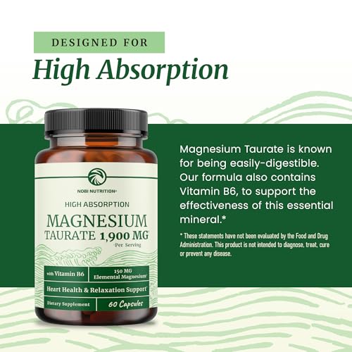 Image of Magnesium Taurate 1900MG, Heart Health & Relaxing Support, High Absorption | 150MG Elemental Magnesium Per Serving, Mag Taurate with Vitamin B6 and BioPerine, Non-GMO, 60 Capsules (1 Month Supply)