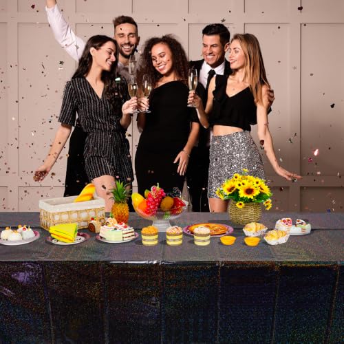 Image of 6 Pack Iridescent Black Plastic Tablecloths, Shiny Disposable Laser Rectangle Table Covers, Holographic Foil Tablecloth for Halloween Birthday Space Graduation Black Themed Party, 54x108Inch