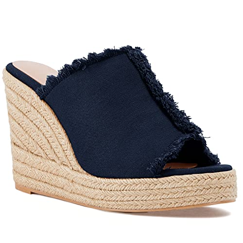Image of Juliet Holy Womens Wedge Sandals Peep Toe Denim Slip On Backless Espadrilles Platform Sandal Shoes