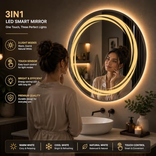 Image of LED Bathroom Wall Mirror with 3 Decorative Lights | Touch Sensor | Warm | Natural and Cool White | for Wash Basin | Bedroom | Dressing Area (Round, 18x18)