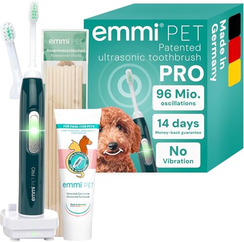 emmi-pet 2.0 Kit Base di Igiene Dentale per Cani e Gatti | Spazzolino a Ultrasuoni Silenzioso | Rimuove Placca, Biofilm e Tartaro | Riduce Gengiviti e Alito Cattivo | Con Accessori Completi