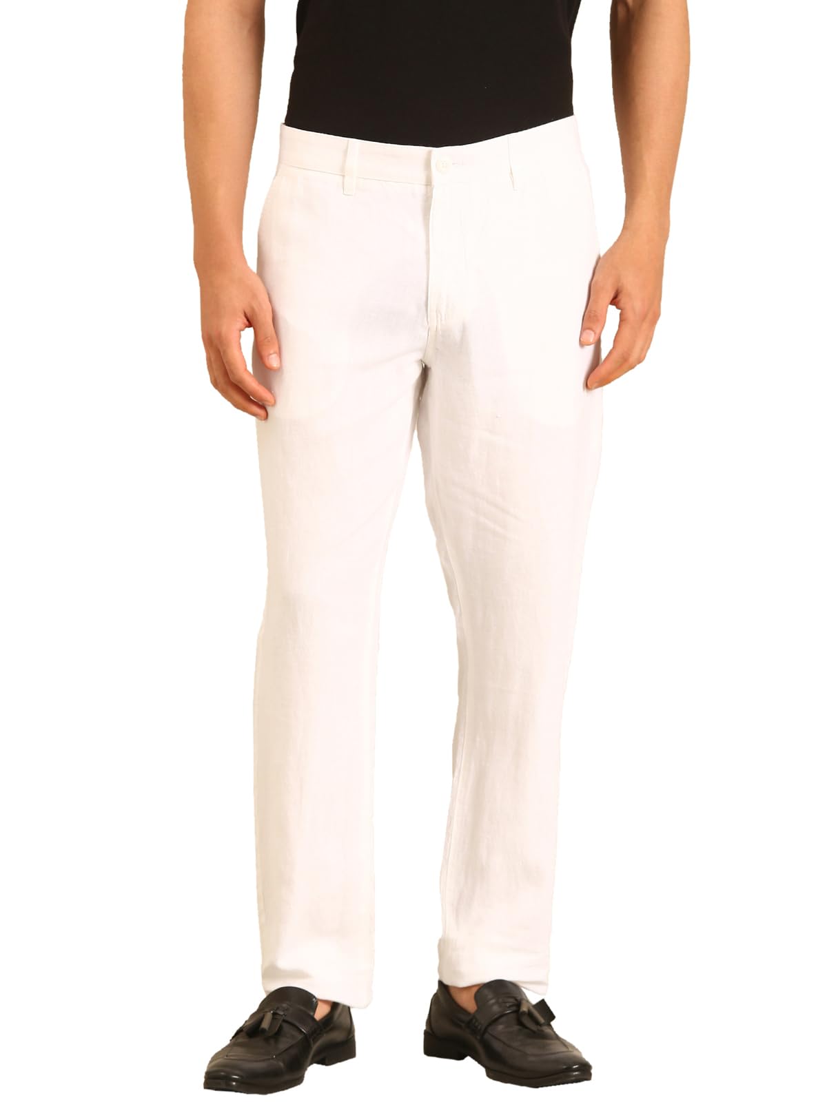 Men's Linen White Solid Contemporary Fit Casual Trouser-image-30