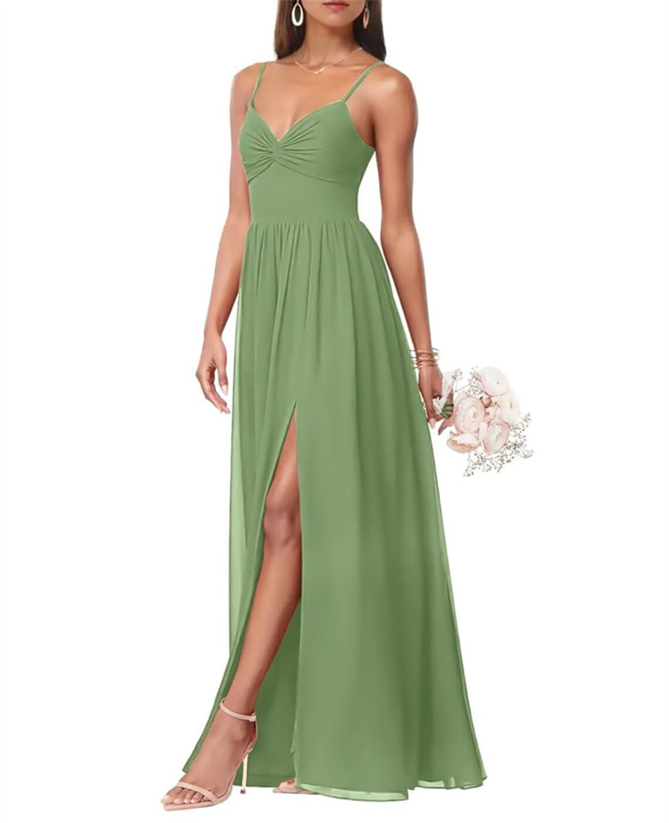 Sayno Women's Dusty Sage Spaghetti Strap Bridesmaid Dresses Chiffon Formal Evening Gowns Wedding A Line Guest Dresses Uk6