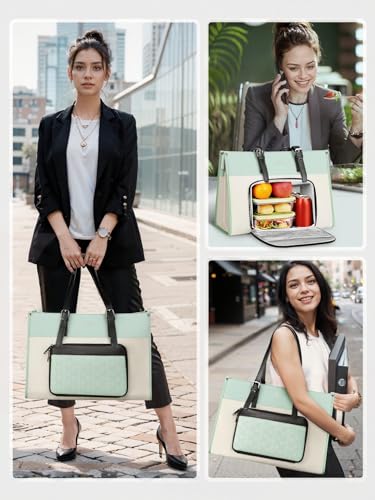 MATEIN 2 in 1 Tote Bag Lunch Bag Combo, 15.6 Inch PU Leather Briefcase for Laptop, Multi Compartment Lunch Handbag Purse for Women, Leakproof Work Tote with Cooler Bag for Picnic, Pale Green — view 2