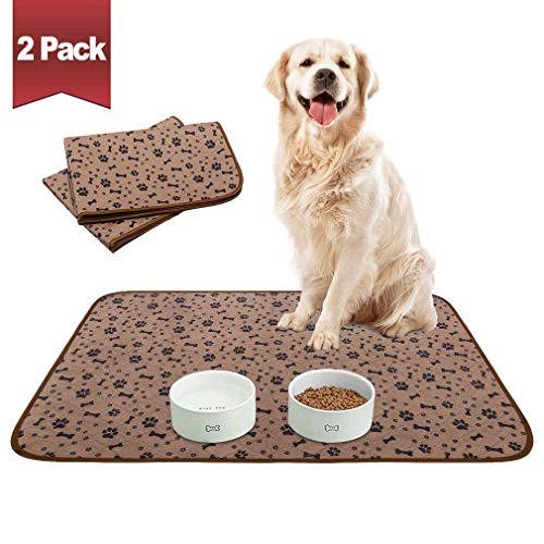 Waterproof Dog Food Mat Non-Slip - 2 Pack Dog Bowl Mat Absorbent Pet Feeding Mats Washable Pee Pads for Puppies Cats, Bone & Paw Pattern 35.4