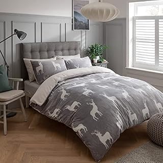 Sleepdown Stag Printed Flannel Fleece With Sherpa Reverse Thermal Warm Cosy Super Soft Duvet Cover Quilt Bedding Set with Pillow Cases - Double (200cm x 200cm) - Grey