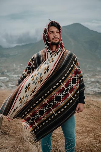 Image of Alpaca Mens Poncho with Hood - Cowboy Serape Western Poncho - Clint Eastwood Poncho for Men - Ecuadorian Cloak with Hood Men
