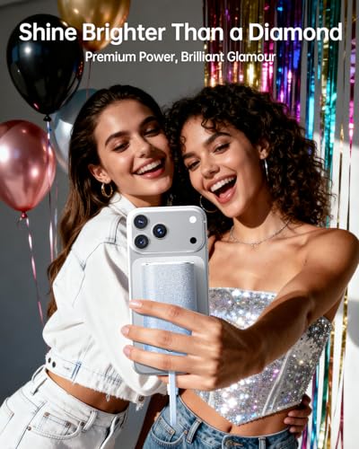 Image of iWALK Sparkly 10000mAh Portable Charger, 22.5W Fast Charging Small Power Bank with Built-in USB-C Cable, Diamond Glitter Ultra-Compact Battery for iPhone 17 /17 Pro /16 /16 Pro /15, Samsung,ShinyBlue