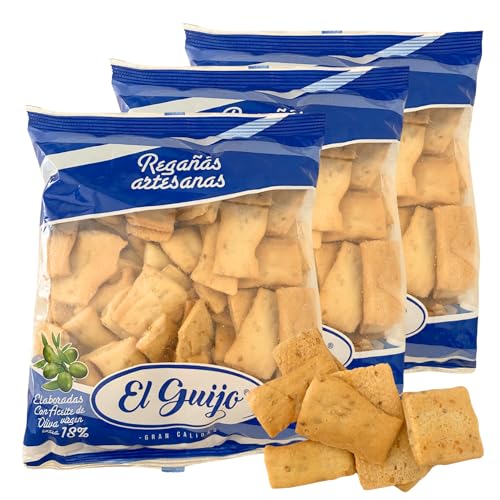 Regañá Artesana El Guijo - Con 18% de Aceite de Oliva Virgen Extra. Pack de 3 bolsas - 750 gr. Cuadraditos de Pan Crujiente.