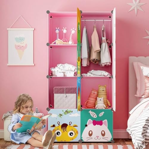Image of 8 Door Kids Cartoon Wardrobe Storage Cabinet - DIY Modular Clothes Organizer with Hanging Cartoon Design Wardrobe with Multi for Bedroom, Living Room,Entryway