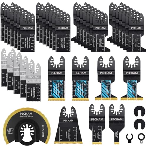 Image of Oscillating Saw Blades, PECHAM 45PCS Professional Universal Titanium Multitool Blades for Wood Plastics Metal Quick Release Multi Tool Kits Fit Rockwell Ridgid Ryobi Milwaukee Chicago Craftsman
