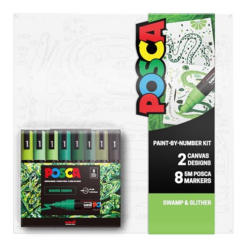 Image of POSCA Canvas Paint by Number Kit, Swamp & Slither - 8 Acrylic Markers with 2 Pre-Drawn Canvases - Gift Set for Artists, Adults and Kids