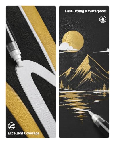 Image of JusArt 6 White & Gold Acrylic Paint Markers, Dual Tip Markers for Drawing | Automatic Ink Control, Waterproof Paint Pen for Rock, Wood, Glass, Fabric, Canvas, DIY Crafts, Classroom & School Supplies