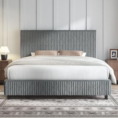Image of AMERLIFE Full Bed Frame, Upholstered Metal Platform Bed with Vertical Channel Tufted Headboard, Soft Fabric & Strong Metal Slats, Noise-Free /Easy Assembly, Grey Full Upholstered Bed and Headboard