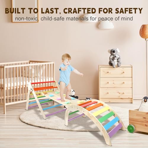 Image of Triangle Climbing Set, 7 in 1 Wooden Climbing Toys for Toddler 18 Months-3 Years Inside, Foldable Colorful Montessori Jungle Gym, Pikler Triangle Toddler Indoor Playground with Cars Arch Ramp Ladder