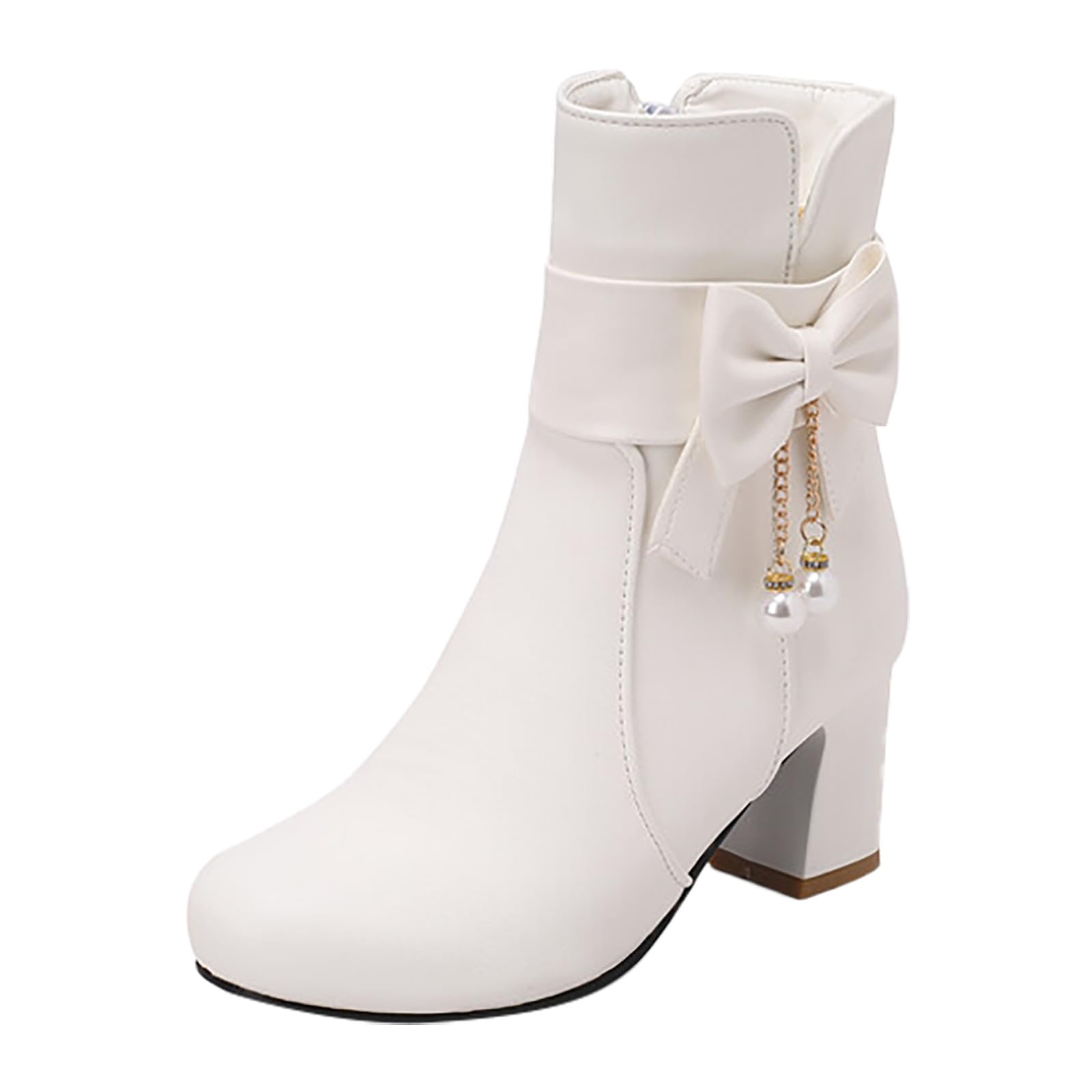 Womens Dressy Ankle Boots Cute Bow Pearl Accents Solid Leather Chunky Block High Heels Round Toe Side Zipper