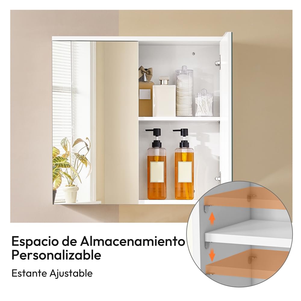 Yaheetech Armario de Baño con Espejo Armario Colgante de Pared con 2 Puertas y Estante Ajustable Moderno para Dormitorio Salón 63x15x60 cm Blanco