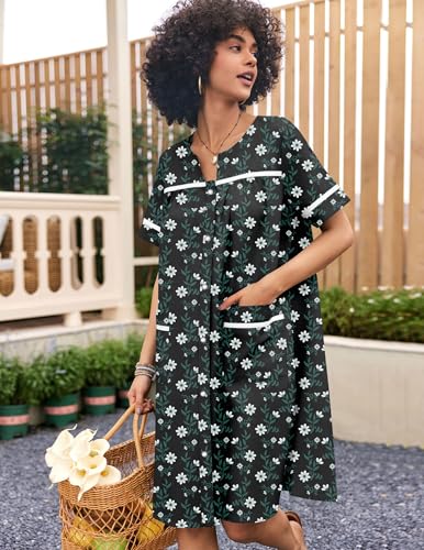 Image of Ekouaer Nightgowns for Women House Dress with Pockets Snap Front House Coat Short Sleeve Duster Moo Moos Sleepwear S-3XL