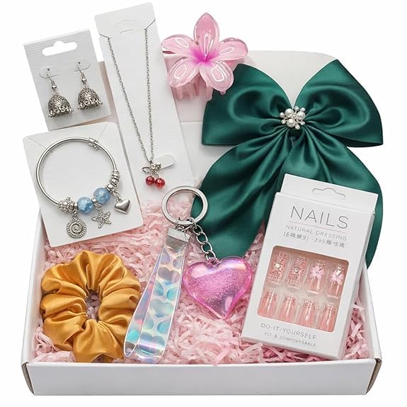 8-Piece Women’s Fashion Jewelry hamper & Hair Accessories Gift Set | Pendant Chain, Charm Bracelet, Oxidised Jhumki Earrings | Satin Hair Bow, Scrunchie & Big Flower Claw Clip | Random Colors & Designs, Raksha Bandhan - Rakhi Gift (ZEV_GIFT_HAMPER)