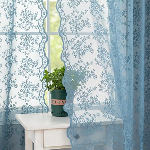 YJ YANJUN Vintage Lace Curtains 54 Inch Length for Bathroom - Slate Blue Floral Kitchen Short Sheer Panels with Scalloped Edge Boho Coatal Small Window Treatments Rod Pocket W52 X L54 2 Panles Denim