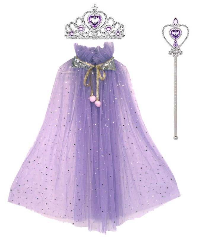 Image of Princess Cape for Girls - Colorful Sequin Cloak with Crown and Wand for Birthday, Halloween, Fancy Dress & Carnival