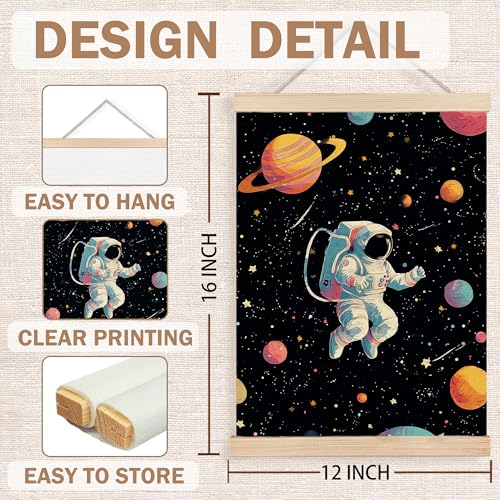 Image of PQKIY Space Astronaut Nursery Kids Wall Art Poster Hanger Frame 12x16 in, Fantasy Outer Space Galaxy Planet Wall Decor Canvas Prints for Home Boys Room Bedroom Nursery