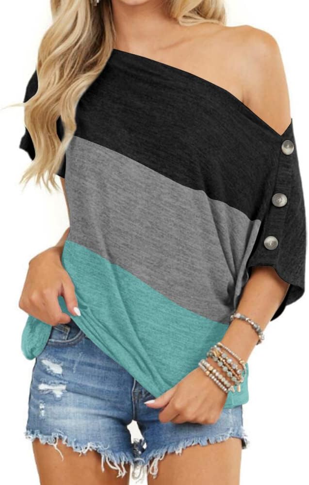 INFITTY Womens Off Shoulder Tops Casual Summer Loose Button Down Short Sleeve Shirt Tunic Blouse