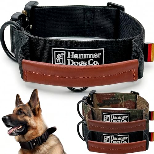 Hammer Dogs Heavy Control   Collar Perro Grande y Mediano, Collar Táctico Perro con Asa de Cuero, Hebilla Metálica Resistente y Nailon Reforzado, Ajustable para Paseo y Entrenamiento (Negro, XL)