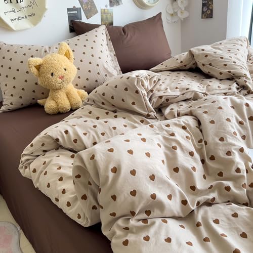 Image of Nayoroom Brown Heart Duvet Cover Queen Size Vintage Hearts Printed on Taupe Comforter Cover Kids Girls 3 Pcs Soft Microfiber Farmhouse Bedding Set with Zipper Closure