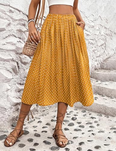 Zeagoo Women's Midi Skirts High Waisted Pleated A-Line Swing Skirts Summer Floral Long Skirts with Pockets