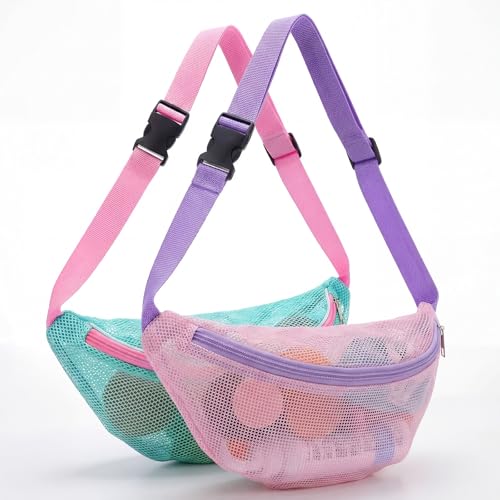 Hsei 2 Pcs Mesh Shell Bags for Beach Fanny Pack, Pink,Green