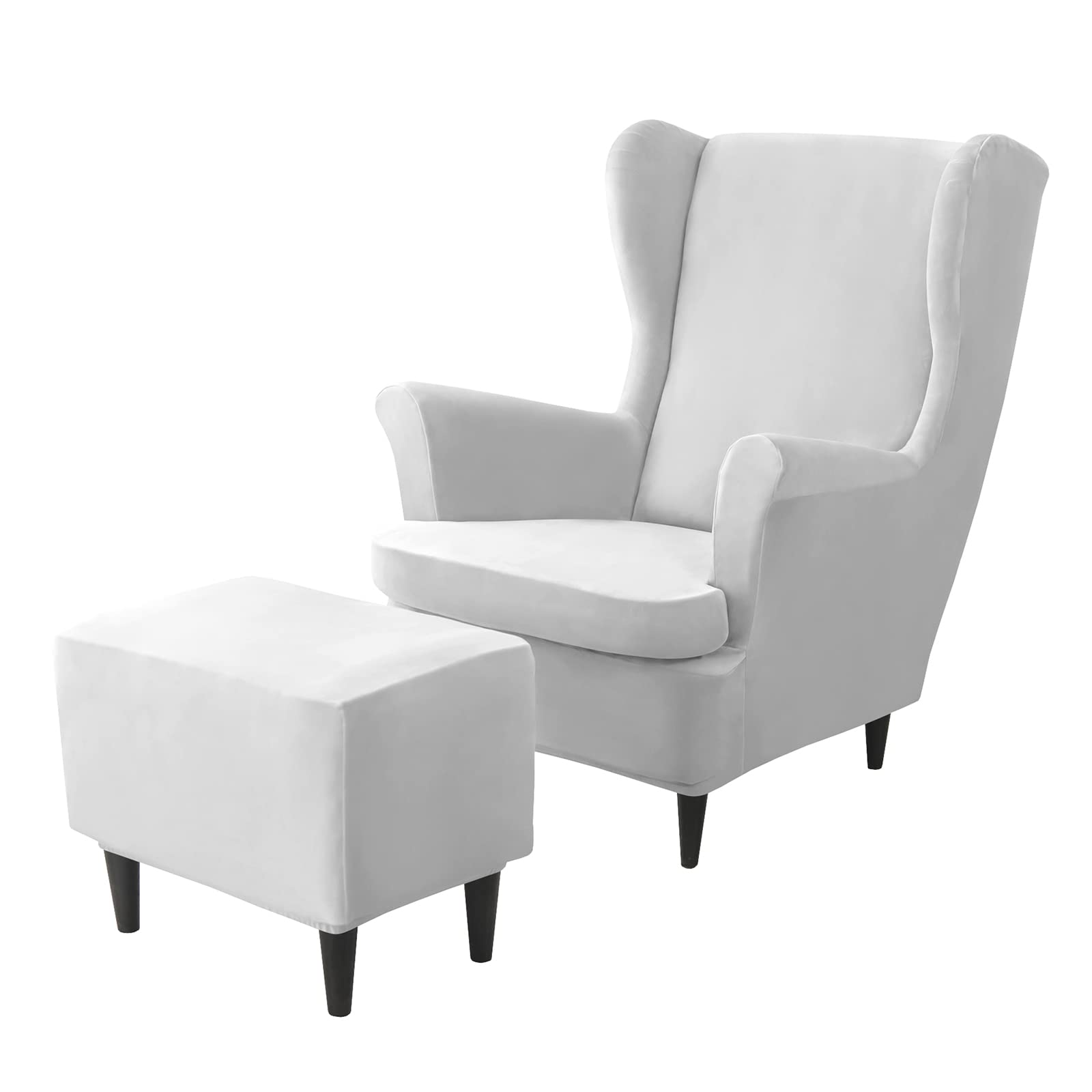 JHLD Stretch Wing Chair Cover Set, Velvet Wingback Chair Cover and Ottoman Cover 2 Piece Wing Chair Slipcover 1 Piece Ottoman Slipcover for Living Room-light grey-3 Piece
