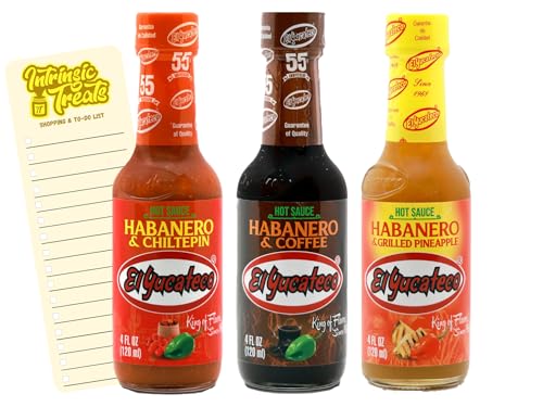 Mexican Habanero Sauce Bundle with El Yucateco Habanero & Grilled Pineapple Sauce 120ml Habanero & Coffee Sauce 120ml Habanero & Chiltepin Sauce 120ml and Intrinsic Treats Shopping List Card