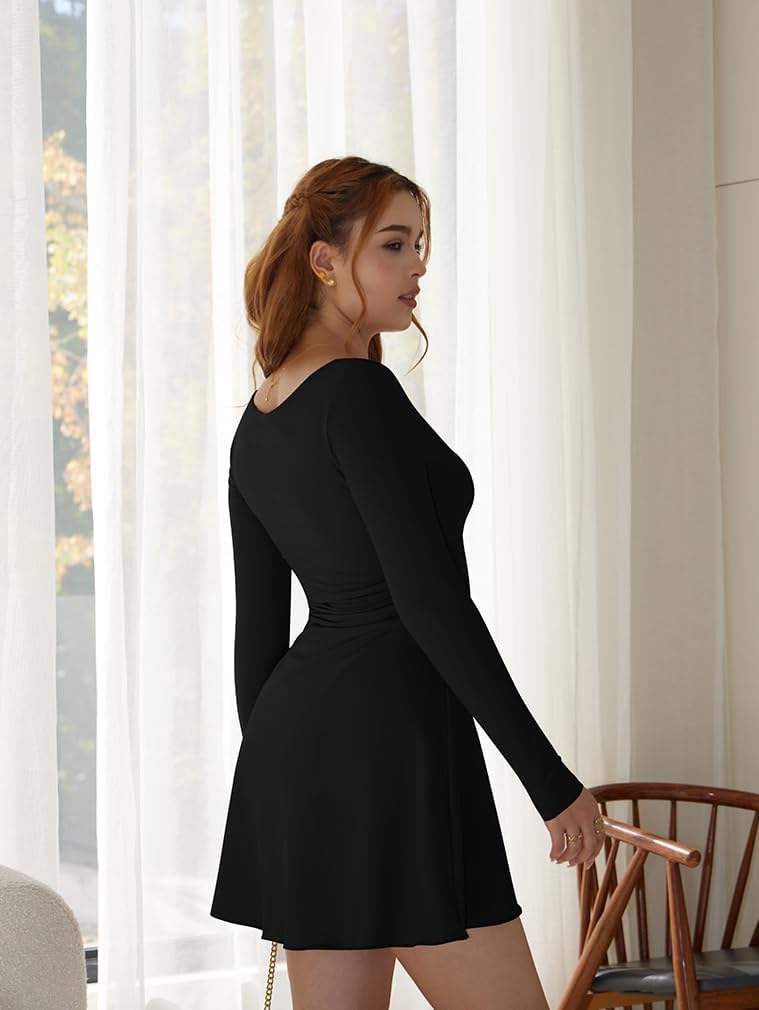 BEAGIMEG Women's Sexy Bodycon Long Sleeves A-line Sweetheart Neck Ruched Club Party Mini Dress - Image 7