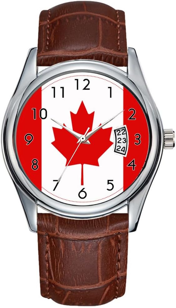 Men Watch Casual Waterproof Quartz Watches Clock Date Classic Business Brown Leather Christmas Wristwatch Canada Maple Leaf Flag Canadian Watch