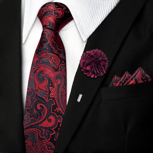 Image of DiBanGu Mens Zipper Tie Silk Pre-Tied Necktie with Gift Box | Jacquard Woven,Paisley Solid Plaid Pattern,6PCS with Pocket Square,Cufflinks and Lapel Pin,for Wedding Party Formal Business