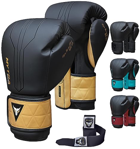 Mytra Fusion Gants de Boxe Inclus avec Free Hand Wraps Gant de Boxe MMA Training Muay Thai Gants Hommes & Femmes Gants Boxe (14-oz, Black/Gold)