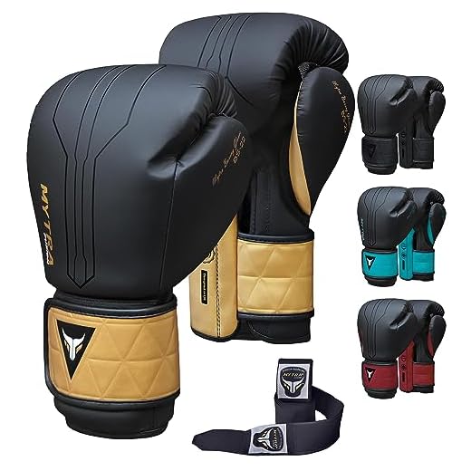 Mytra Fusion Boxhandschuhe Im Lieferumfang von Free Hand Wraps enthalten Box Handschuhe MMA Training Muay Thai Handschuhe Männer & Damen Kickbox Handschuhe (12-oz, Black/Gold)