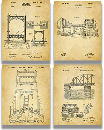 Govivo Bridge Architecture Patent - A Set of Four Bridge Patents Wall Art Decor Prints with sepia backgrounds - unframed artwork printed on photograph paper
