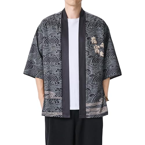 Image of PRIJOUHE Men's Japanese Kimono Cardigan Jackets Casual Long Sleeve Open Front Coat Lightweight Yukata Outwear