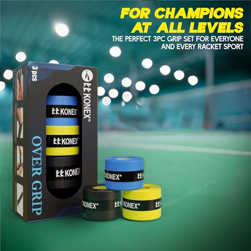 Image of Konex Badminton & Tennis Racket Grip Tape (Pack of 3) | Multicolor Anti-Slip Overgrip | Durable, Moisture-Wicking & Strong Cushion Grip | Ideal for All Sports Rackets