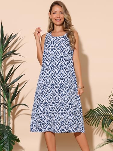 Image of Seta T Women's Summer Dresses Beach Casual Sleeveless Sundress Crewneck Print Loose Midi Tank Dress with Pockets