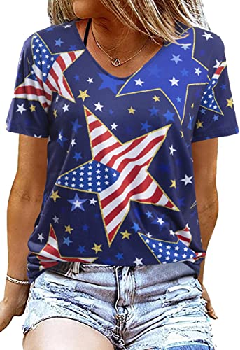 American Flag T Shirt Women USA Star Stripes Fourth July Tee Shirts Casual America Flag Print V Neck Tee Tops