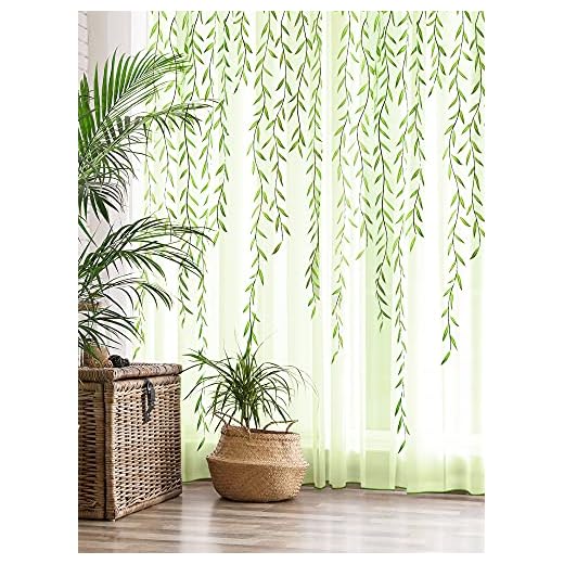 Willow Voile Curtains Cute Green Sheers Leaf Curtain Tulle Vine Window Curtains Nursery Green Sheers Ivy Pretty Curtain for Kids Living Room Bedroom Window Door Balcony (4 Pieces,39.4 x 78.7 Inch)
