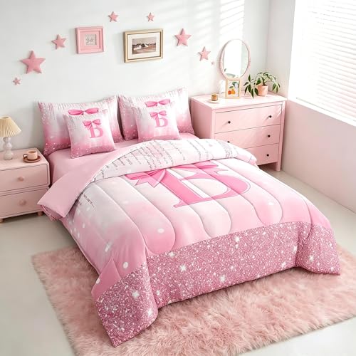 Image of Feelyou Kids Pink Bowknot 7 Pieces Bedding Set King Size, Personalized Initial B Comforter Set with Sheets Princess Glitter Bed in A Bag Boys Girls Bow Alphabet Teens Bed Set Bedroom Decor 7Pcs