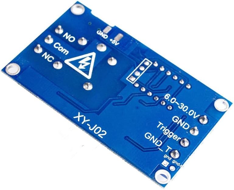 Back view of the XY-J02 delay timer relay module showing power input, trigger input, and relay output terminals.