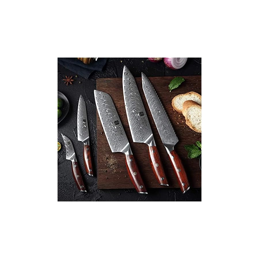 XINZUO 6-Piece Kitchen Knife Set with Magnetic Knife Holder,Damascus Steel Chef Knife Set and 16 Inch Walnut Wood Knife Magnetic Strips