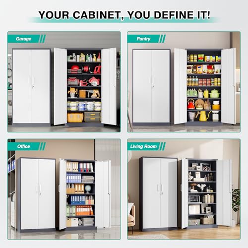 Image of Wide & Deep Metal Storage Cabinet with 2 Doors and 5 Adjustable Shelves,72 inch Tall Locking Garage Storage Cabinet with Lock,Gray White Pantry Cabinets,Steel Cabinets for Home,Office,Garage 72x36x18